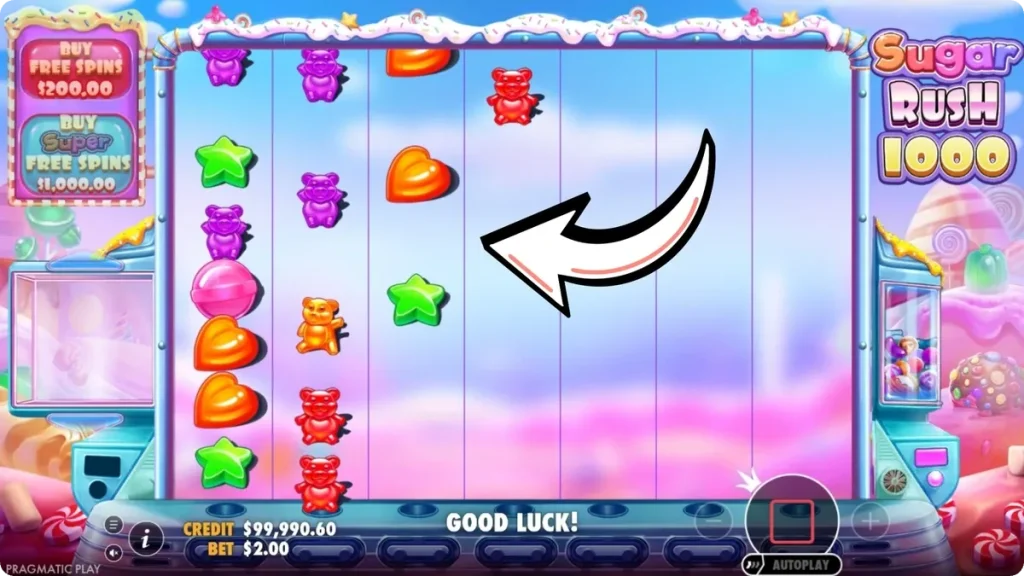 Lawina (tumble) w Sugar Rush 1000 — wygrywające symbole znikają, a na ich miejsce spadają nowe