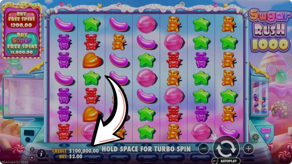 Panel sterowania Sugar Rush 1000 — wybór wysokości stawki oraz przyciski Bonus Buy