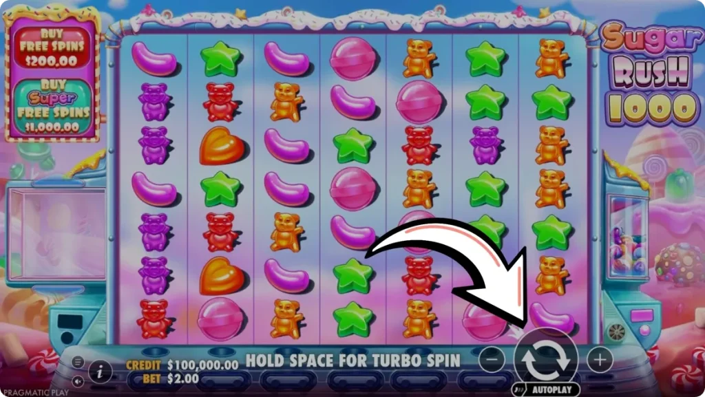 Uruchomienie spinu w Sugar Rush 1000 — przycisk Spin i funkcja autoplay na siatce 7×7